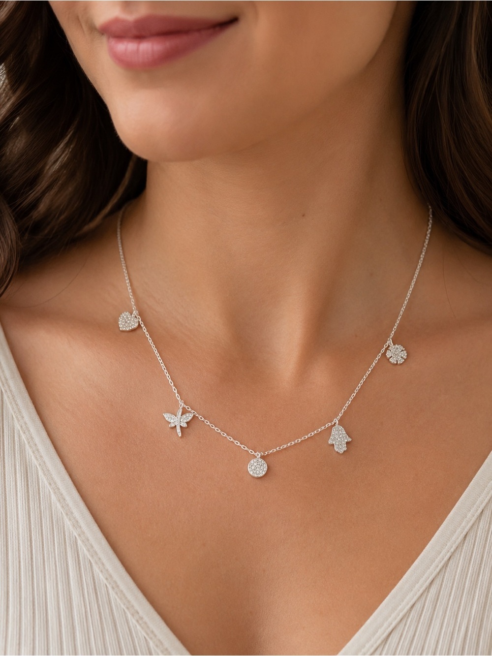 Silver Charm Necklace | Butterfly Heart Hamsa Clover Dainty Pendant Necklace